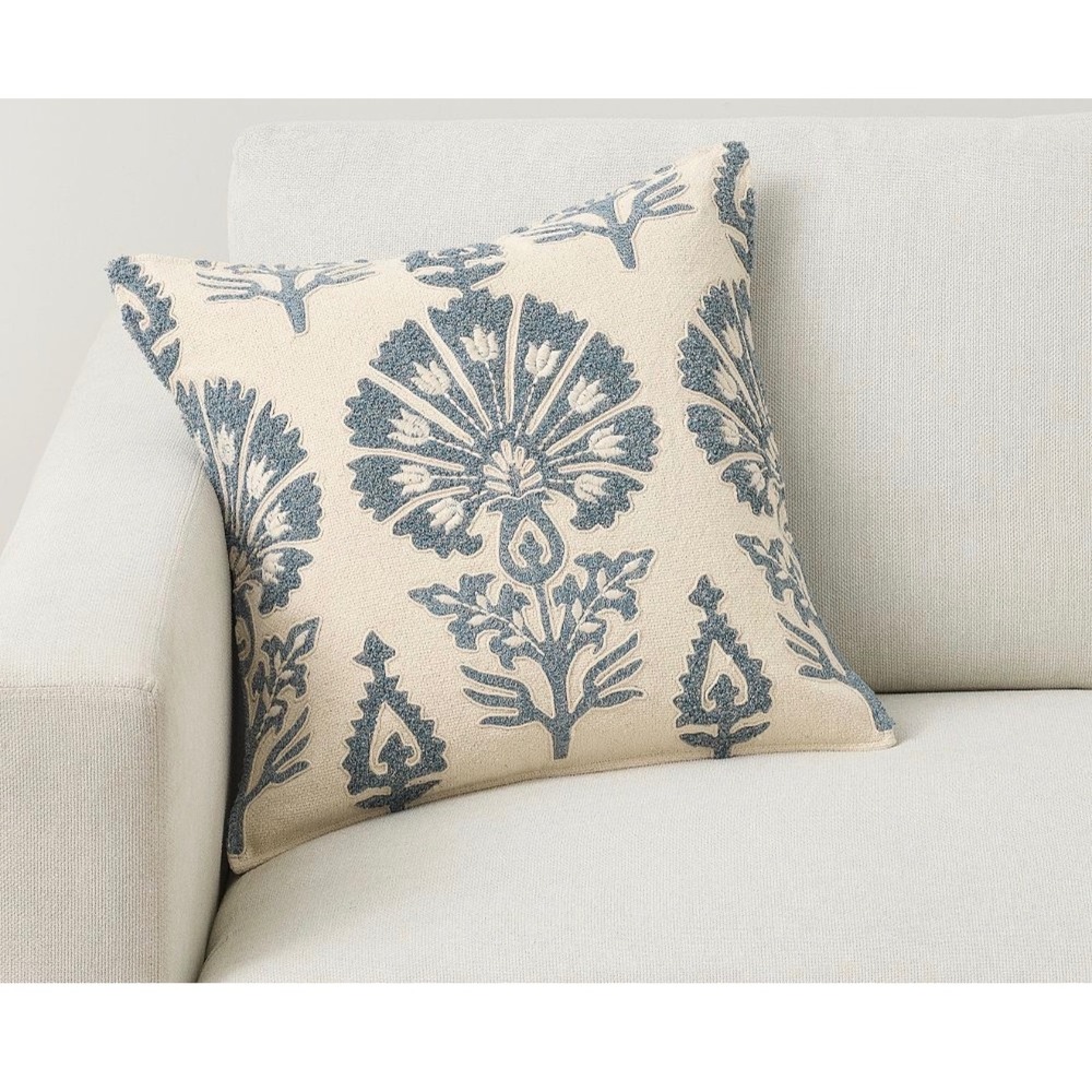Pottery Barn Bloom Embroidered Pillow Cover 18x18 Ivory Chambray Blue New